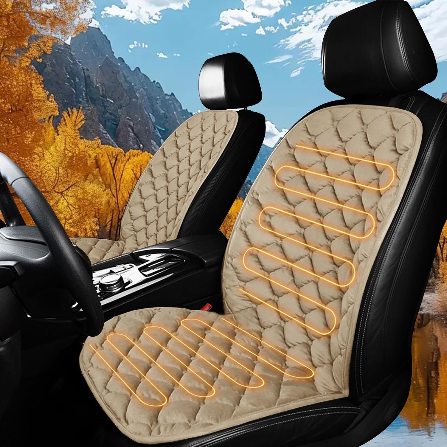 81tD1hsmxSL._AC_SL1500_.jpg Driver or Passenger Side Seat Cushion for Full Back and Seat Comfortable Seat Cover with Full Back, Universal Seat Cushion for Seat in Winter-Beige - Image 1
