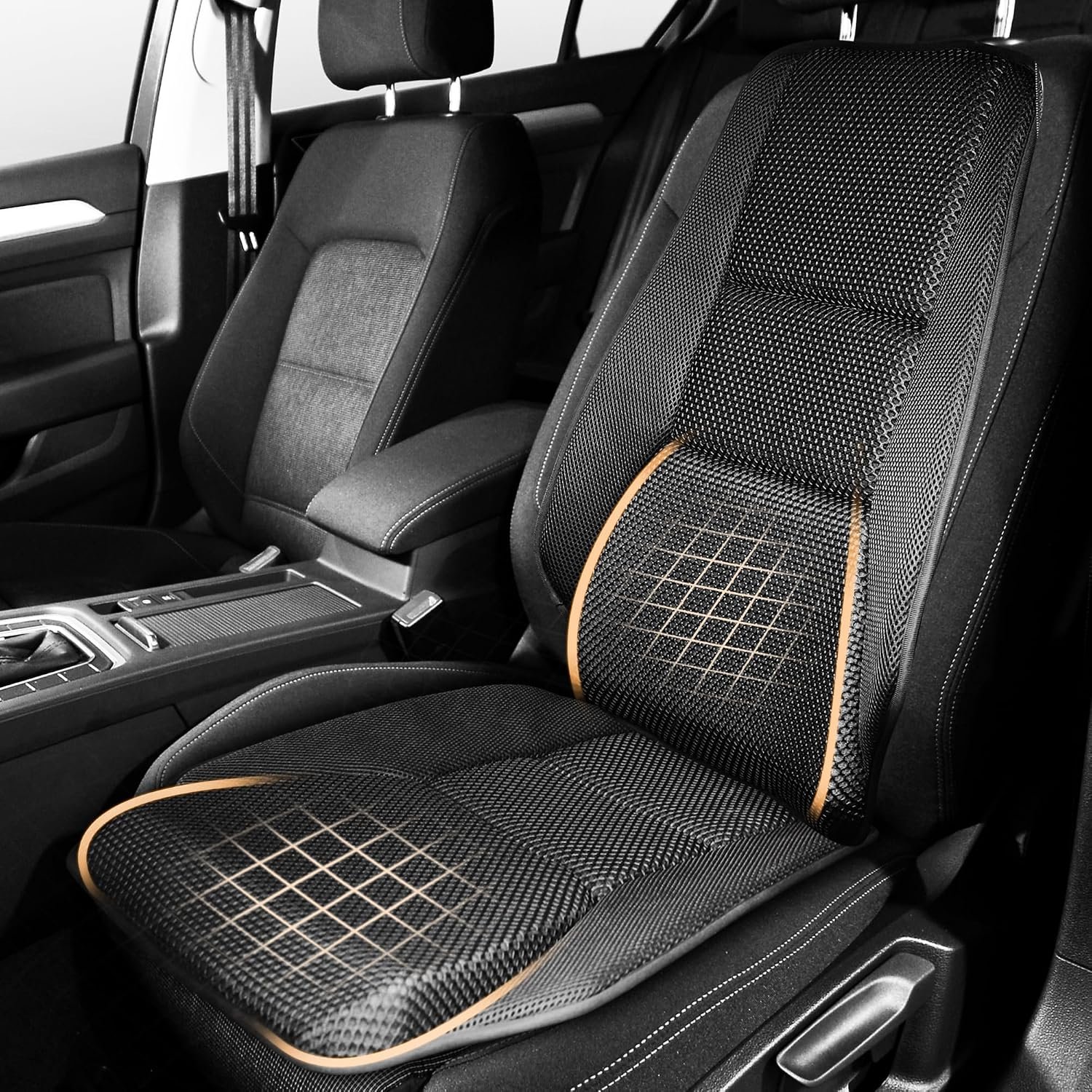 91vWH71opuL._AC_SL1500_.jpg Car Seat Cushion - Memory Foam Car Seat Pad with Breathable Mesh, Relief Back Pain, Universal Fit, Easy to Install, Cushion Set for SUV/Truck/Car – Black - Image 1